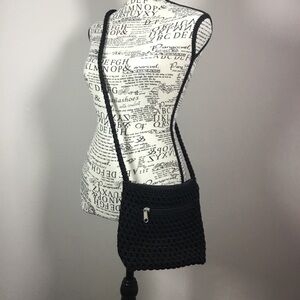Lina black crochet crossbody or shoulder bag with plaited strap and pockets